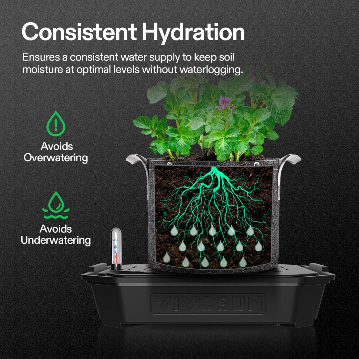 Vivosun FlexFeed Self-Watering Fabric Pot Base, Auto-Irrigation Water Delivery System with Reservoir Meter, 4-Pack