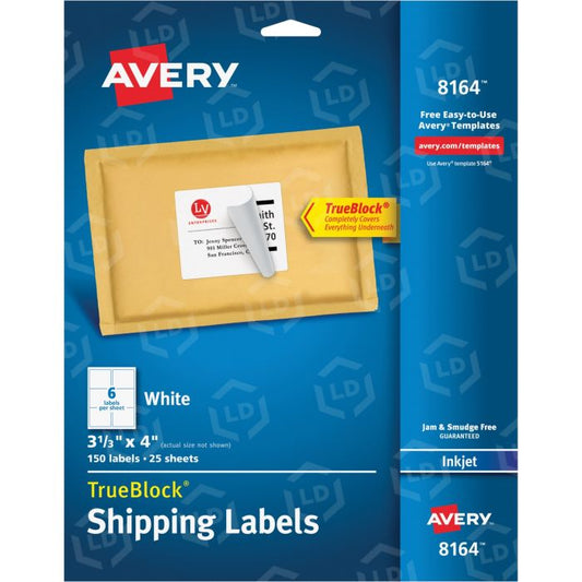 Avery® AVE8164 White Mailing Labels - Permanent Adhesive - 3.33" Width X 4" Length - 6 / Sheet - Rectangle - Inkjet - White - 150 / Pack