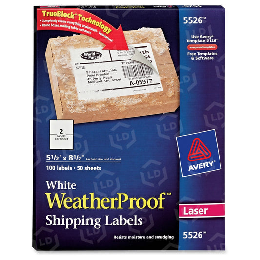 Avery® AVE5526 Weather Proof Mailing Label - Permanent Adhesive - "5.50" Width X 8.50" Length - 2 / Sheet - Rectangle - Laser - White - Polyester - 100 / Pack