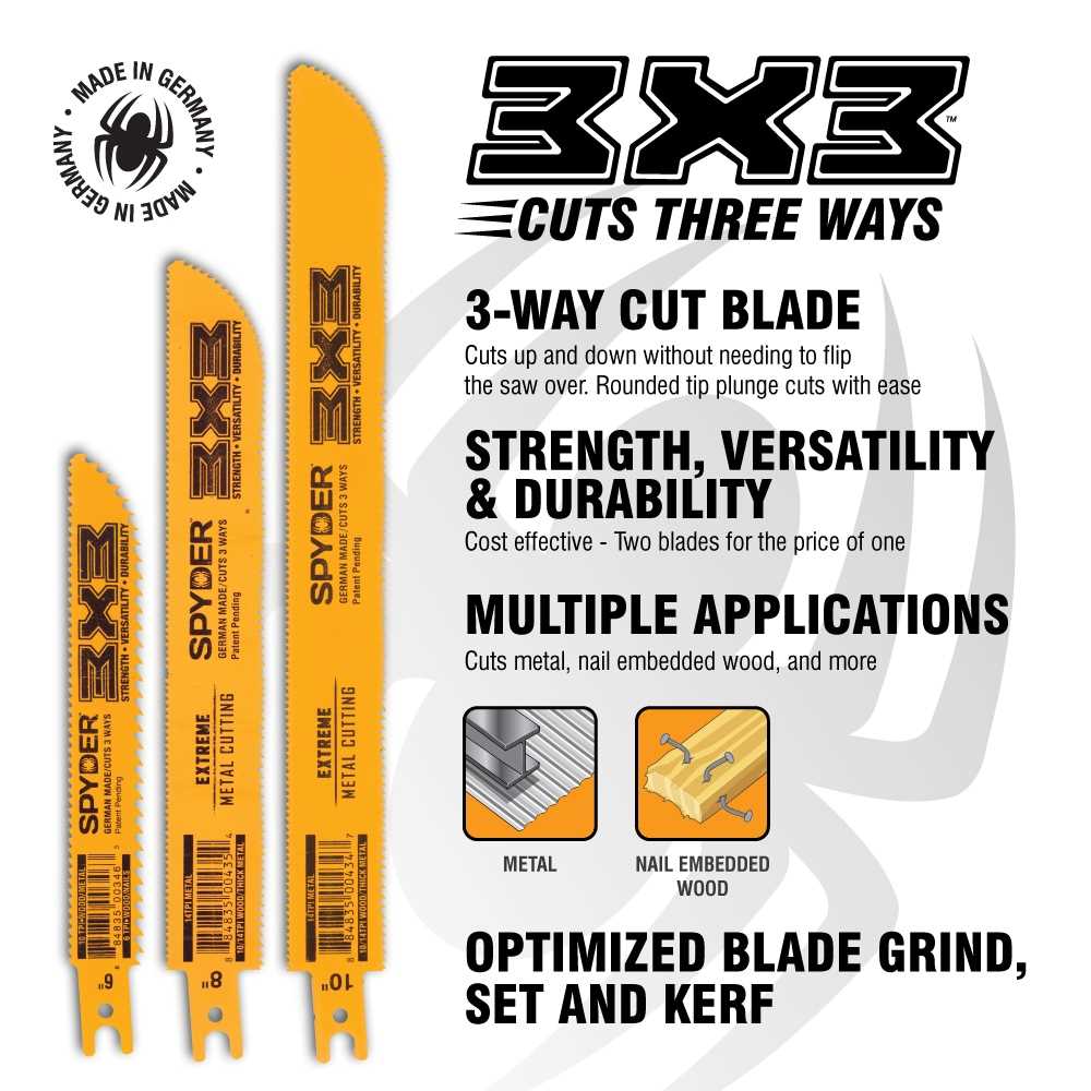 Spyder 200179 Spyder 3X3 Double-Sided Bi-Metal 8-In 10/14-Tpi Wood/Metal Cutting Demolition Reciprocating Saw Blade