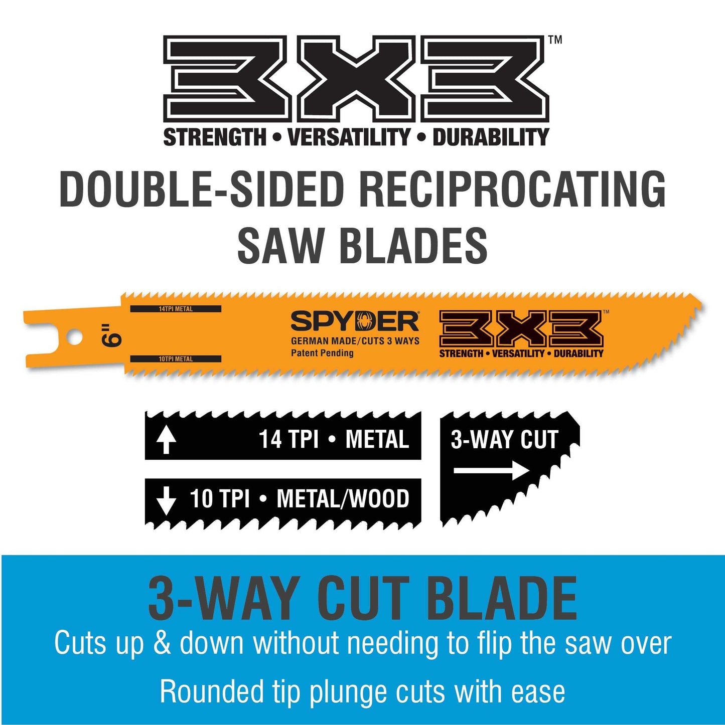 Spyder 200179 Spyder 3X3 Double-Sided Bi-Metal 8-In 10/14-Tpi Wood/Metal Cutting Demolition Reciprocating Saw Blade