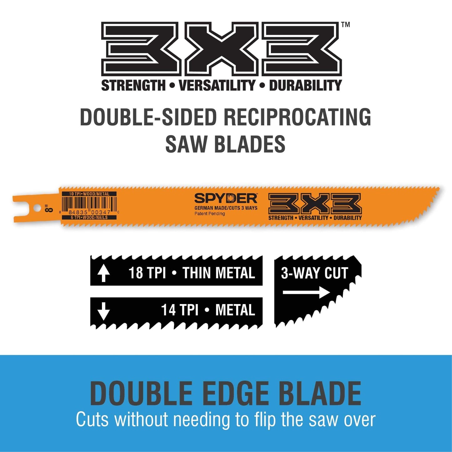 Spyder 200180 Spyder 3X3 Bi-Metal 6-In 14/18-Tpi Wood/Metal Cutting Reciprocating Saw Blade