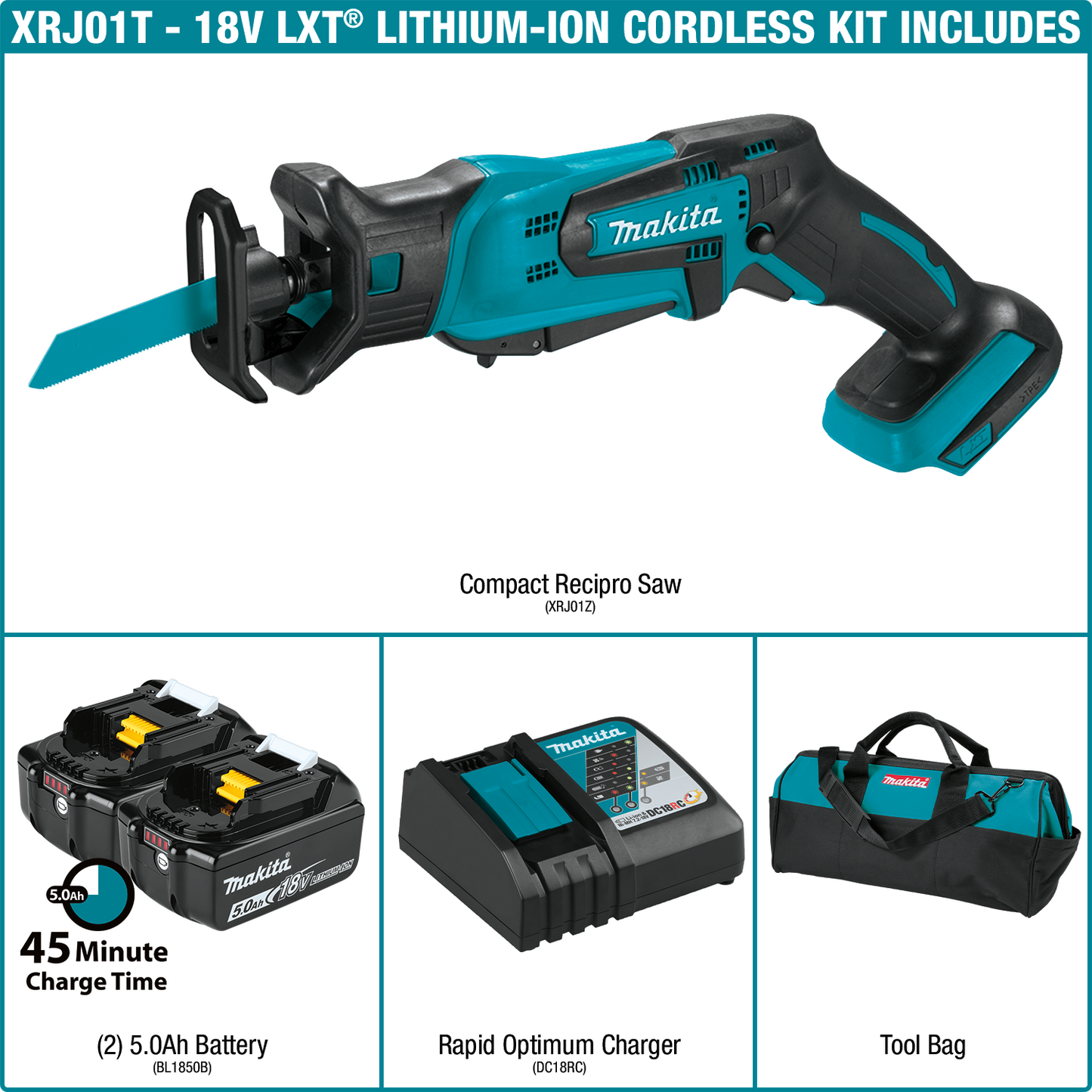 Makita XRJ01T 18V LXT® Lithium‘Ion Cordless Compact Recipro Saw Kit (5.0Ah)