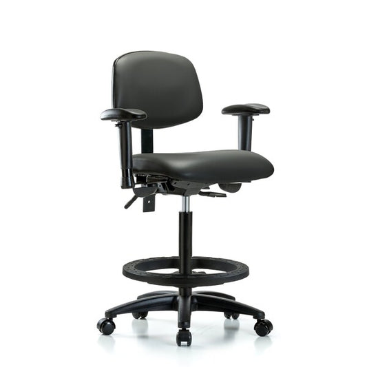 Blue Ridge Ergonomics VHBCH-RG-T1-A1-BF-RC-8823 Rutledge Vinyl Chair - High Bench Height with Seat Tilt, Adjustable Arms, Black Foot Ring, & Casters in Carbon Supernova™ Vinyl