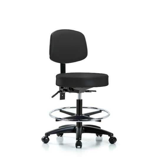 Blue Ridge Ergonomics VMBST-RG-T1-CF-RC-8540 Rutledge Vinyl Stool with Back - Medium Bench Height with Seat Tilt, Chrome Foot Ring, & Casters in Black Trailblazer™ Vinyl