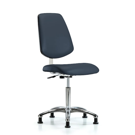 Blue Ridge Ergonomics CLR-VMBCH-MB-CR-NF-RG-8582 Class 10 Clean Room Vinyl Chair Chrome - Medium Bench Height with Medium Back & Stationary Glides in Imperial Blue Trailblazer™ Vinyl