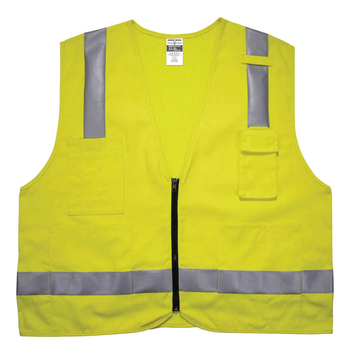 Ergodyne 21483 GloWear 8262FRZ Hi-Vis FR Surveyor Vest - Class 2, NFPA 70E, Solid Front, Mesh Back, Zipper S/M (Lime)