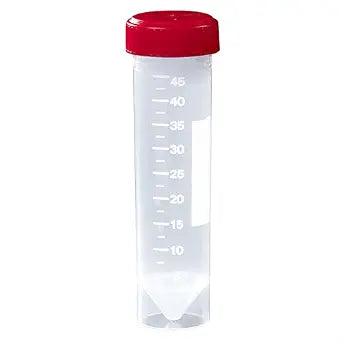 Globe Scientific 6256 Transport Tube 50mL with Attached Red Screw Cap PP Printed Graduations Conical Bottom Self-Standing STERILE 25/Bag 20 Bags/Unit
