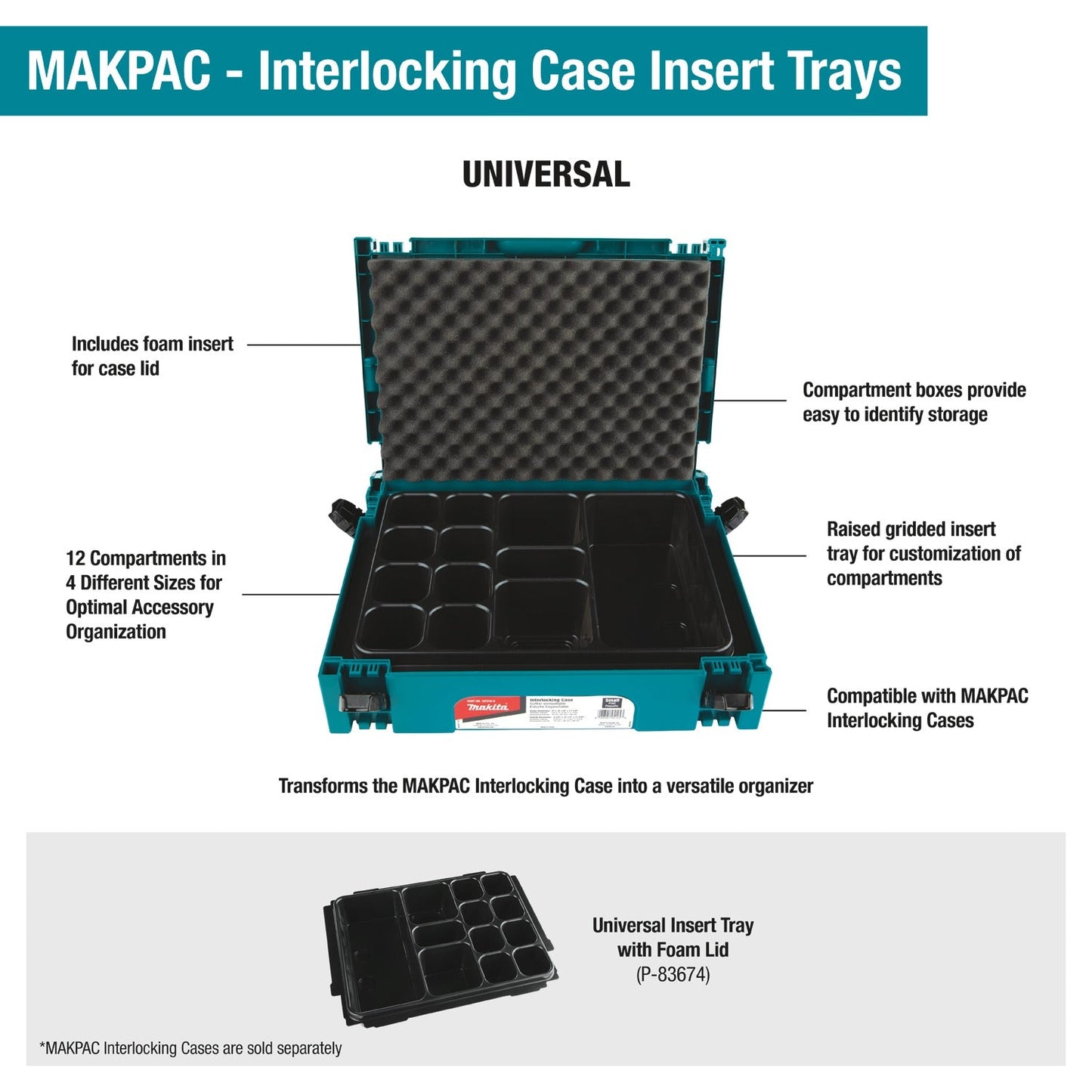 Makita P-83674 MAKPAC Interlocking Case Universal Insert Tray with Foam Lid