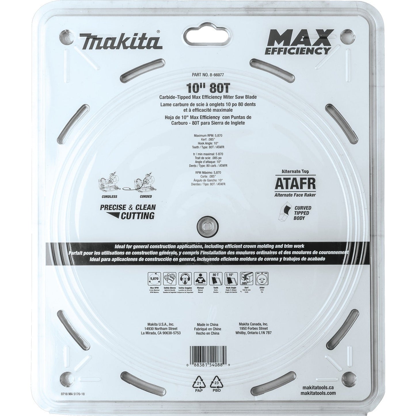 Makita B-66977 10" 80T Carbide‘Tipped Max Efficiency Miter Saw Blade