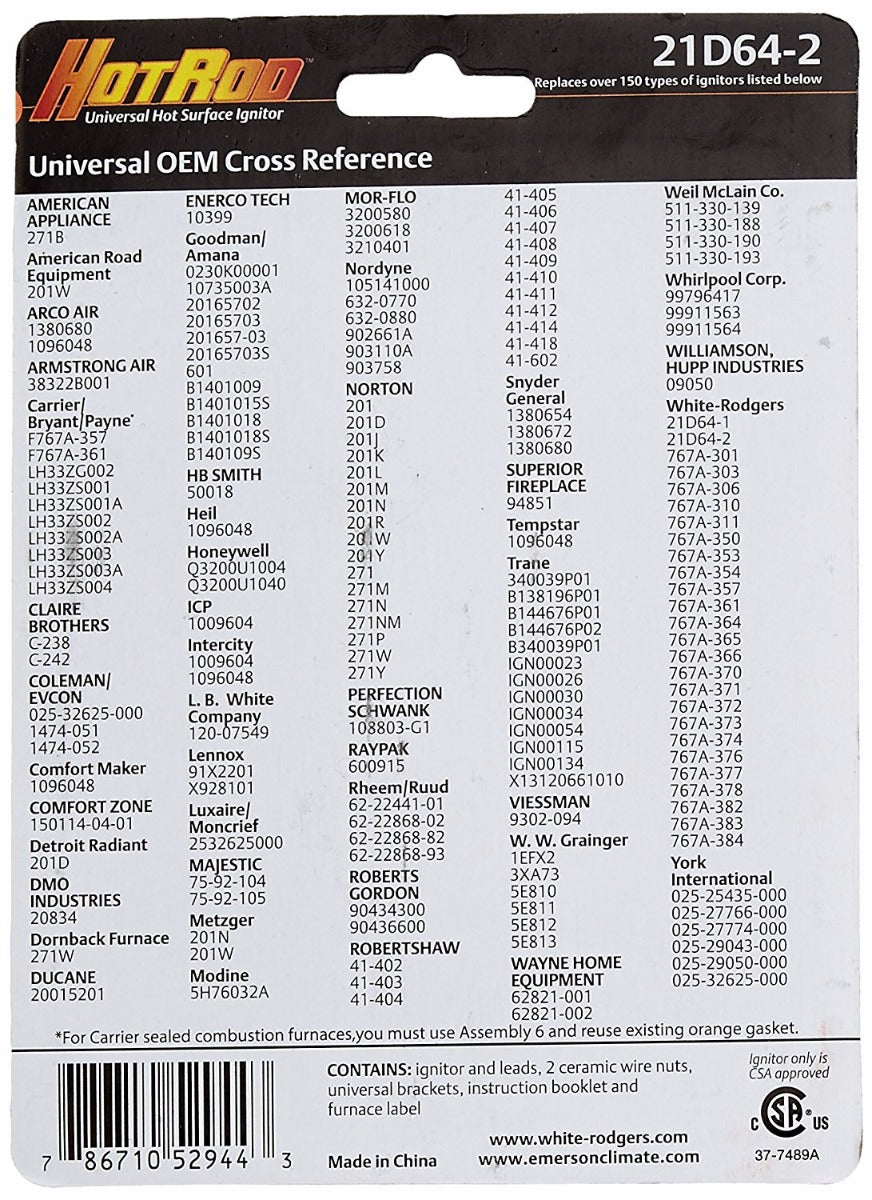 White Rodgers (Emerson) 21D64-2 Universal Hot Surface Ignitor (Ships Same-Day)