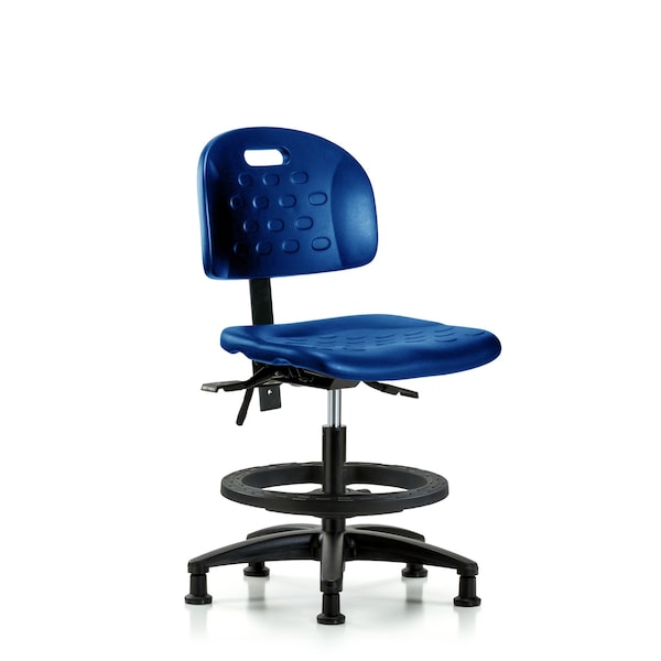 Blue Ridge Ergonomics HPMBCH-RG-T1-A0-BF-RG-BLU Newport Industrial Polyurethane Chair - Medium Bench Height with Seat Tilt, Black Foot Ring, & Stationary Glides in Blue Polyurethane