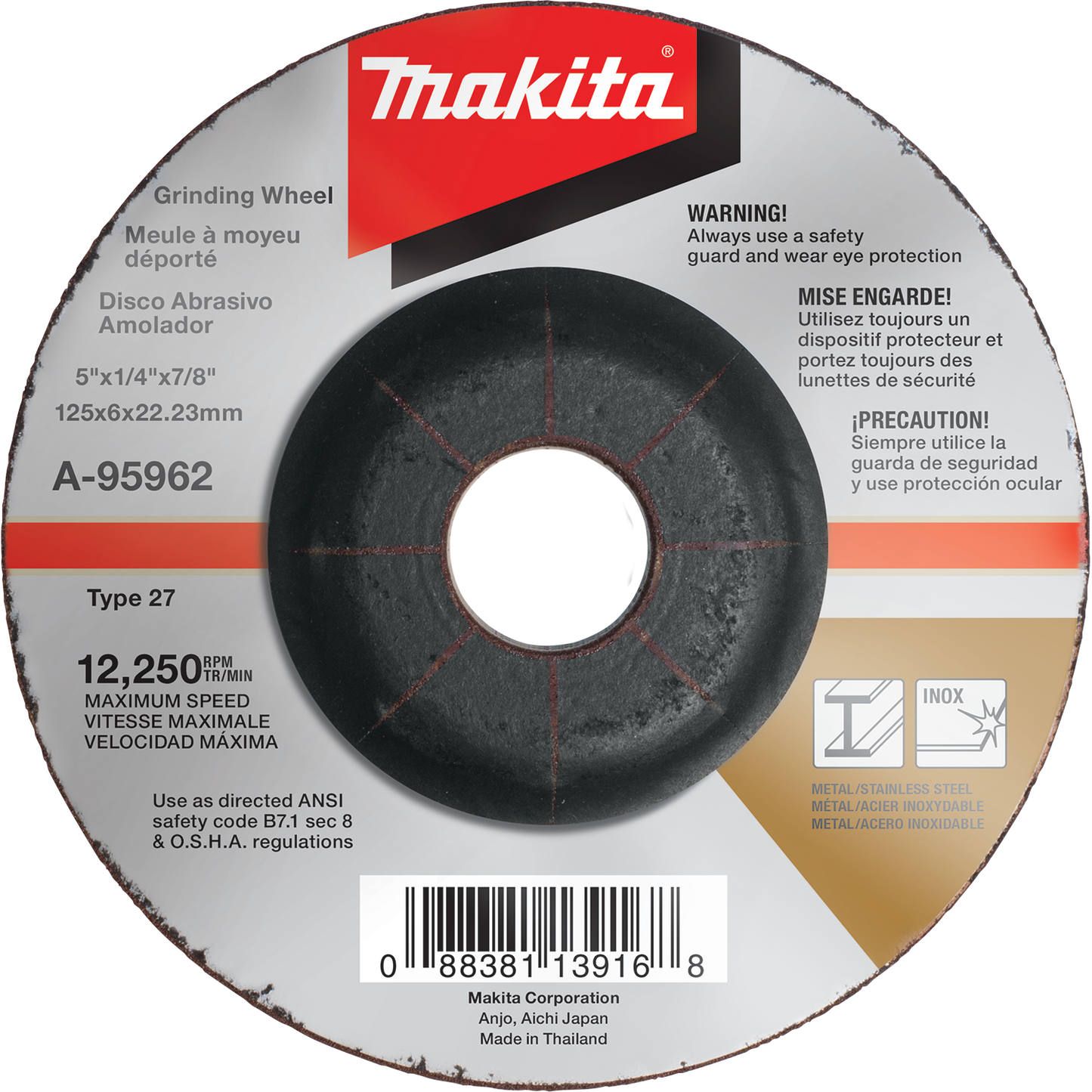 Makita A-95962 5" x 1/4" x 7/8" INOX Grinding Wheel, 36 Grit