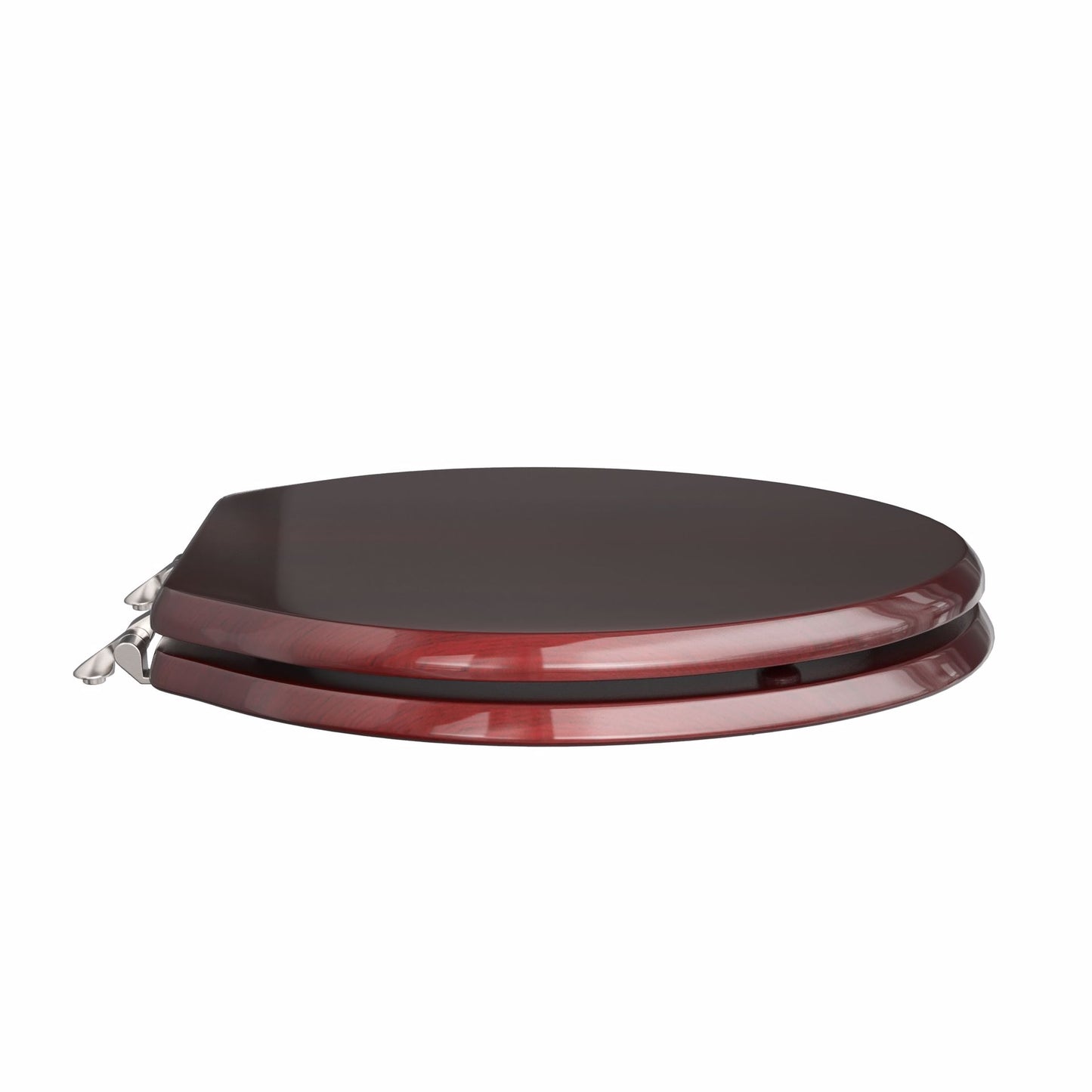 Jones Stephens C2B1E16BN Mahogany Designer Wood Toilet Seat with Piano Finish, Closed Front with Cover, Brushed Nickel Hinges, Elongated
