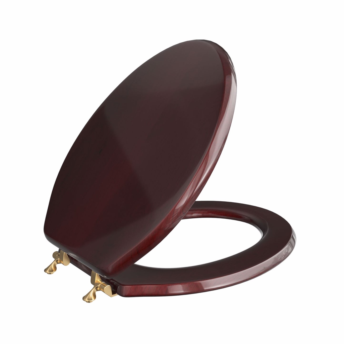 Jones Stephens C2B1E16BR Mahogany Designer Wood Toilet Seat with Piano Finish, Closed Front with Cover, Polished Brass Hinges, Elongated