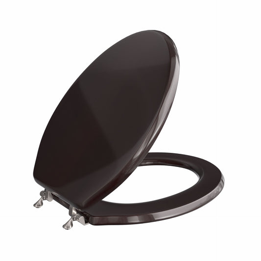 Jones Stephens C2B1E18BN Dark Brown Designer Wood Toilet Seat with Piano Finish, Closed Front with Cover, Brushed Nickel Hinges, Elongated