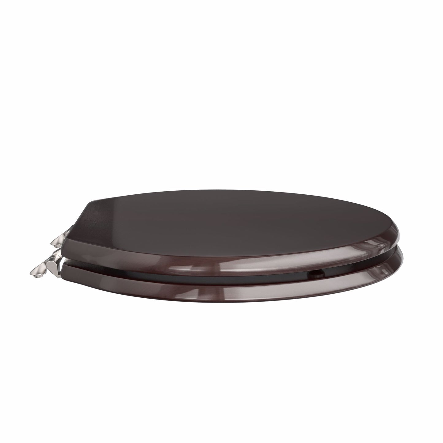 Jones Stephens C2B1E18BN Dark Brown Designer Wood Toilet Seat with Piano Finish, Closed Front with Cover, Brushed Nickel Hinges, Elongated