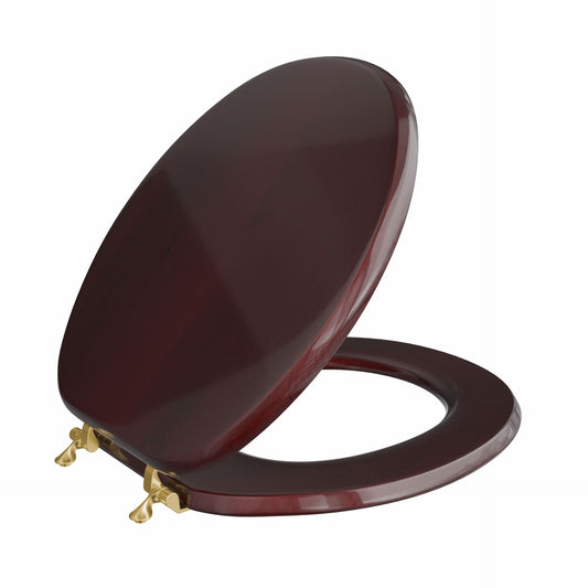 Jones Stephens C2B1R16BR Mahogany Designer Wood Toilet Seat with Piano Finish, Closed Front with Cover, Polished Brass Hinges, Round