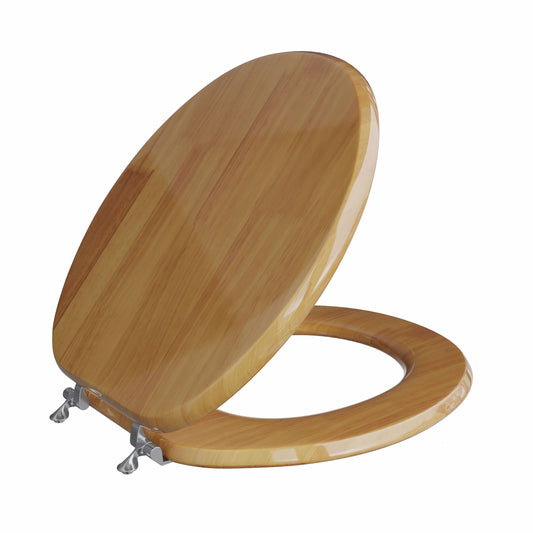 Jones Stephens C2B1R17CH Natural Oak Designer Wood Toilet Seat with Piano Finish, Closed Front with Cover, Chrome Hinges, Round