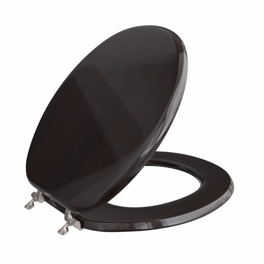 Jones Stephens C2B1R19BN Walnut Designer Wood Toilet Seat with Piano Finish, Closed Front with Cover, Brushed Nickel Hinges, Round