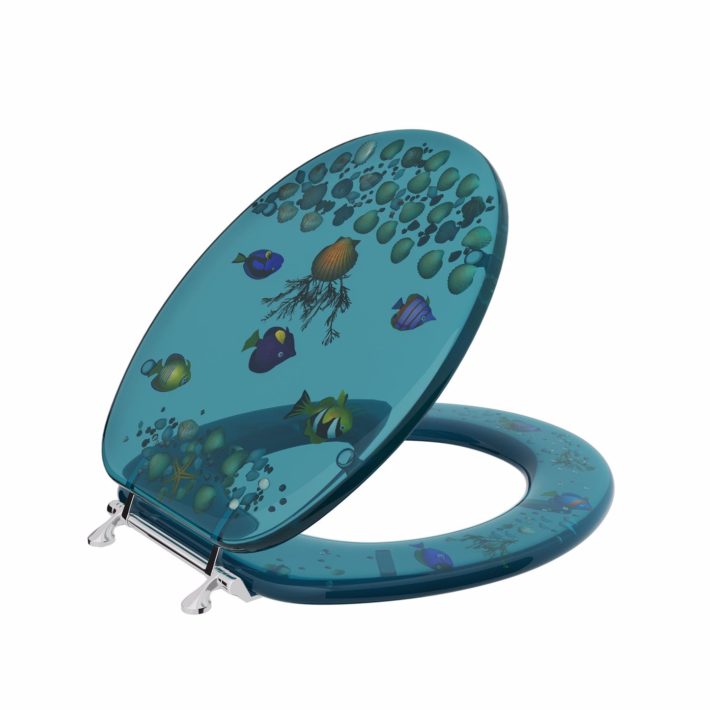 Jones Stephens C2B6R9AQCH Aquarium Designer Acrylic Toilet Seat, Closed Front with Cover, Chrome Hinges, Round