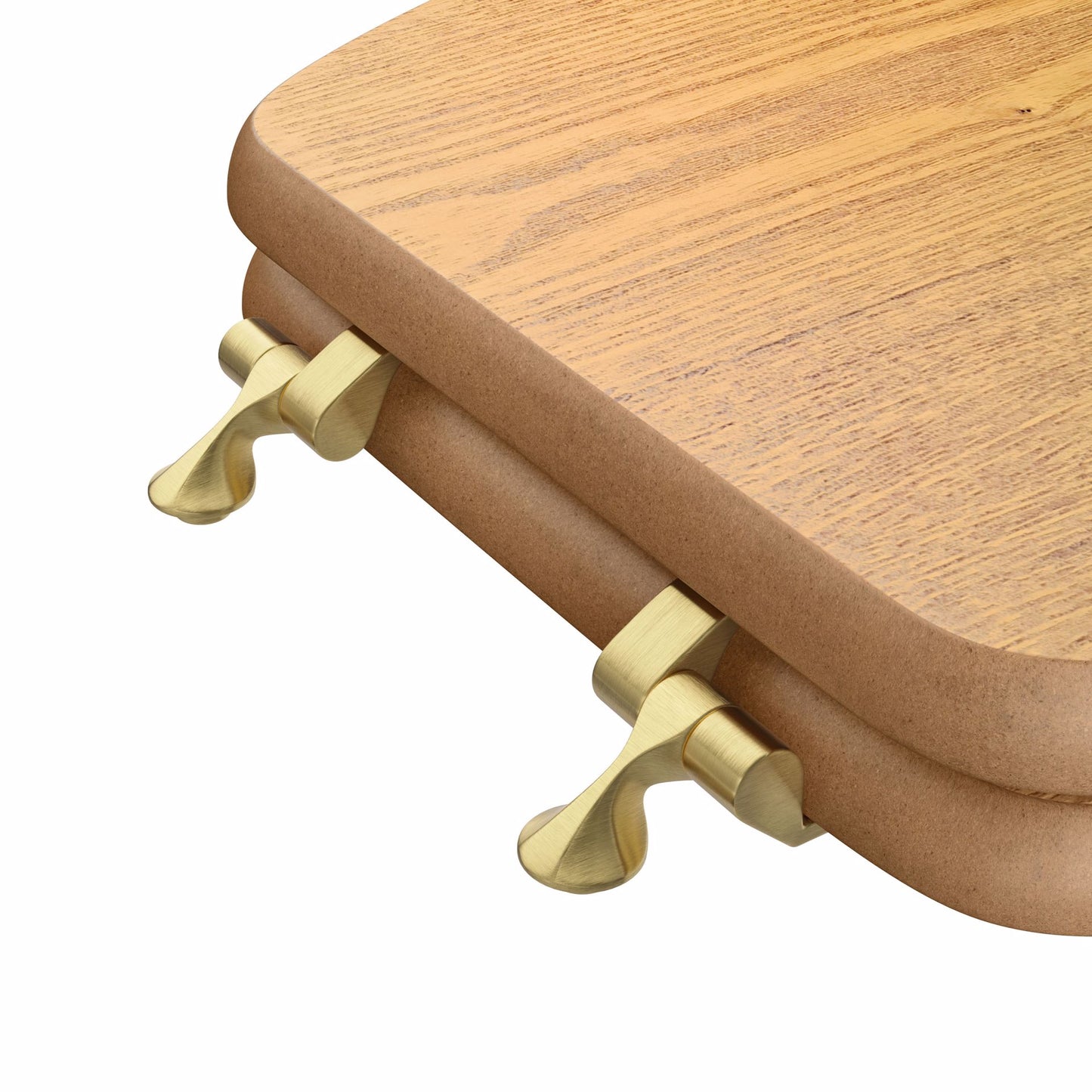 Jones Stephens C3B2E117BR Natural Oak Designer Wood Toilet Seat, Closed Front with Cover, Polished Brass Hinges, Elongated