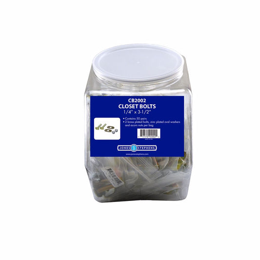 Jones Stephens CB2002 "Bucket Of Bolts" Display, 1/4" x 3-1/2" Brass Plated Bolts with Nuts and Oval Washers, 50 Pairs