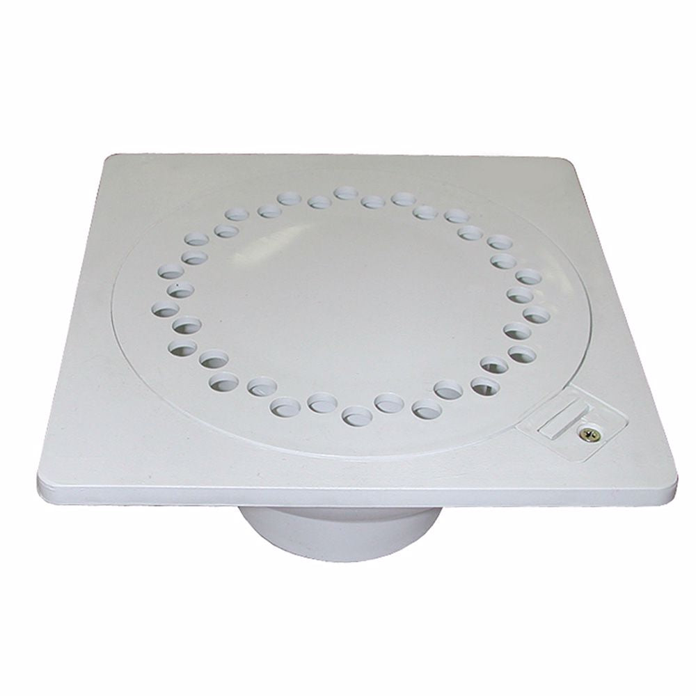 Jones Stephens D42010H 9" x 9" PVC Bell Trap with Hinged Lid and 4" Hub Fit Outlet