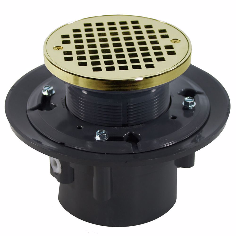 Jones Stephens D49127 3"x 4" Heavy Duty PVC Drain Base with 3-1/2" Plastic Spud and 5" Polished Brass Strainer with Ring