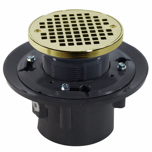 Jones Stephens D49127 3"x 4" Heavy Duty PVC Drain Base with 3-1/2" Plastic Spud and 5" Polished Brass Strainer with Ring