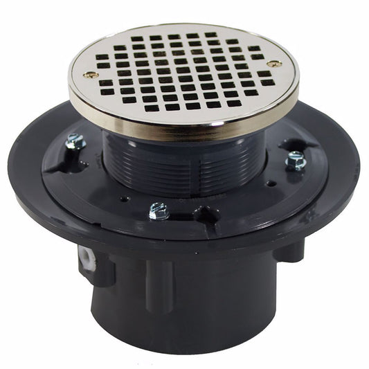 Jones Stephens D49131 3"x 4" Heavy Duty PVC Drain Base with 3-1/2" Plastic Spud and 5" Nickel Bronze Strainer with Ring