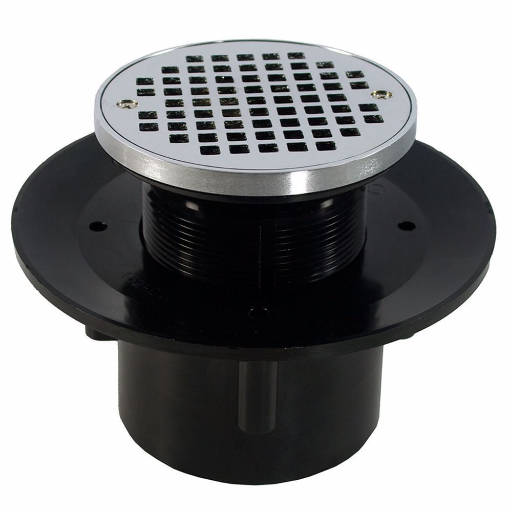 Jones Stephens D49314 2" x 3" Heavy Duty ABS Slab Drain Base with 3" Plastic Spud and 6" Chrome Plated Strainer with Ring