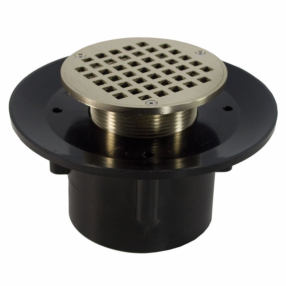 Jones Stephens D49322 2" x 3" Heavy Duty ABS Slab Drain Base with 3" Metal Spud and 5" Nickel Bronze Strainer