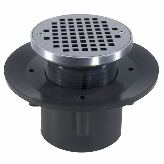 Jones Stephens D49349 2" x 3" Heavy Duty PVC Slab Drain Base with 3-1/2" Plastic Spud and 6" Chrome Plated Strainer with Ring