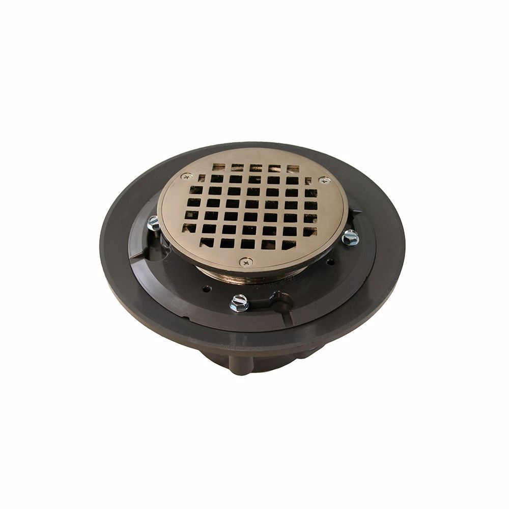 Jones Stephens D4991BN 3" x 4" Heavy Duty PVC Shower Drain with 3-1/2" Metal Spud and 5" Round Brushed Nickel Strainer