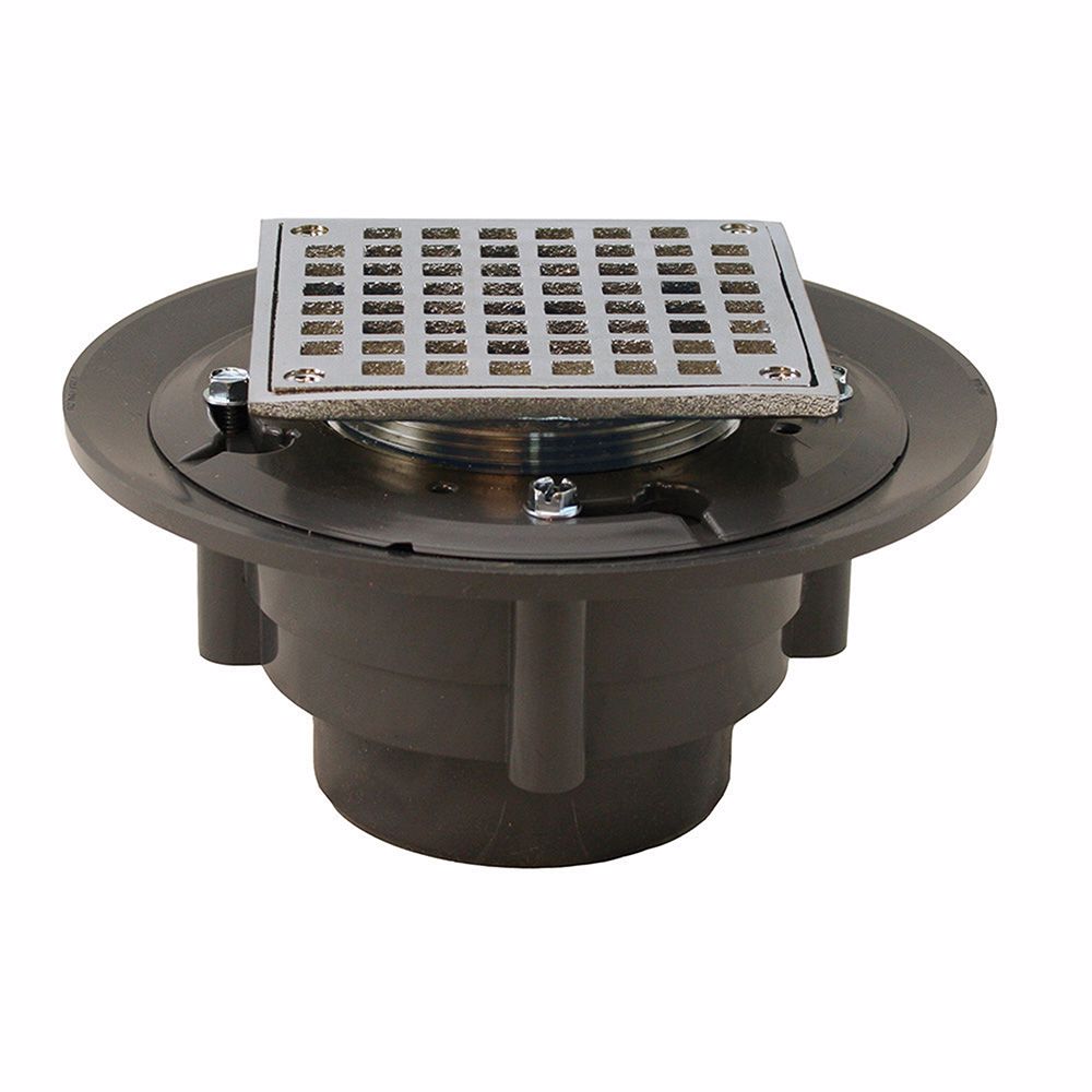 Jones Stephens D4996BN 3" x 4" Heavy Duty PVC Shower Drain with 3-1/2" Metal Spud and 5" Square Brushed Nickel Strainer