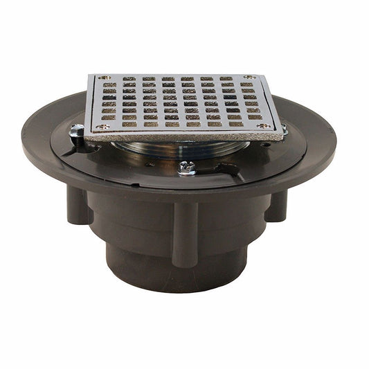 Jones Stephens D4996BN 3" x 4" Heavy Duty PVC Shower Drain with 3-1/2" Metal Spud and 5" Square Brushed Nickel Strainer