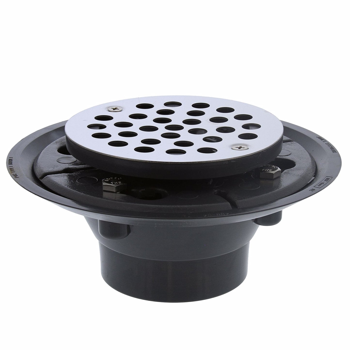Jones Stephens D50001 2" x 3" PVC Shower Drain with 2" PVC Spud and 4-1/4" Round Stainless Steel Strainer