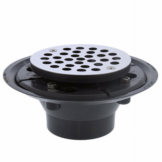 Jones Stephens D50001 2" x 3" PVC Shower Drain with 2" PVC Spud and 4-1/4" Round Stainless Steel Strainer