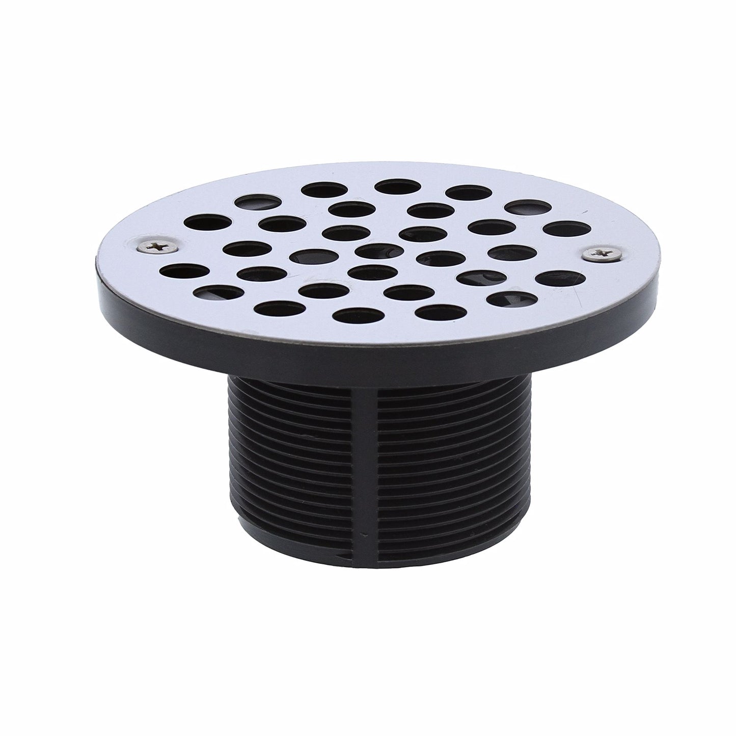 Jones Stephens D50001 2" x 3" PVC Shower Drain with 2" PVC Spud and 4-1/4" Round Stainless Steel Strainer