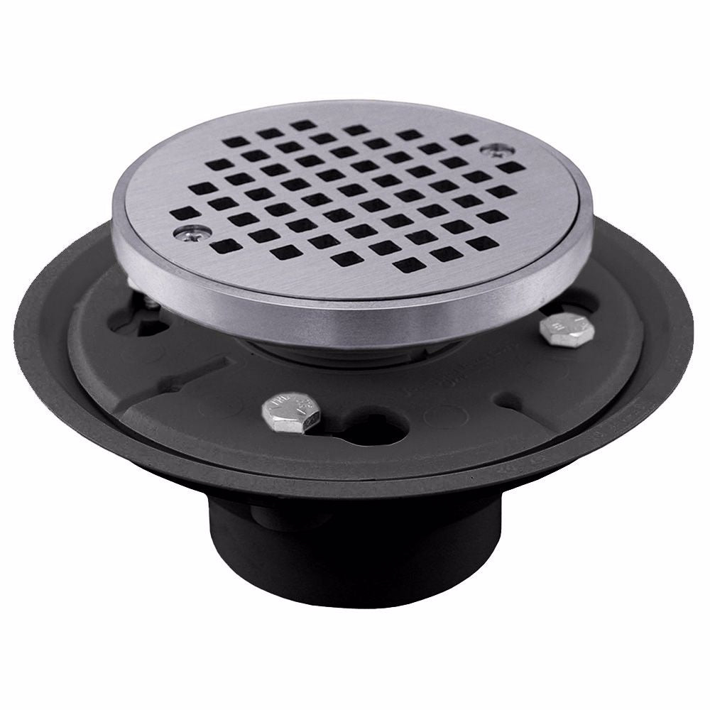 Jones Stephens D50010 2" x 3" PVC Shower Drain with 2" Metal Spud and 4" Round Chrome Plated Cast Strainer with Grout Ring