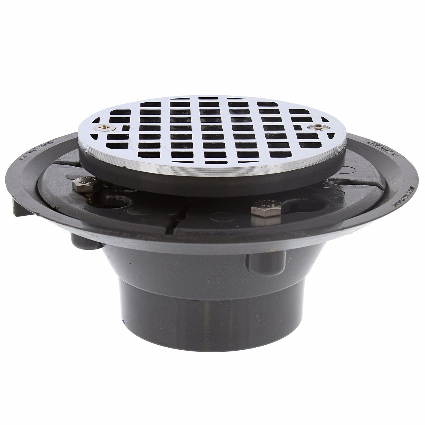 Jones Stephens D50011 2" x 3" PVC Shower Drain with 2" PVC Spud and 4" Round Chrome Plated Cast Strainer