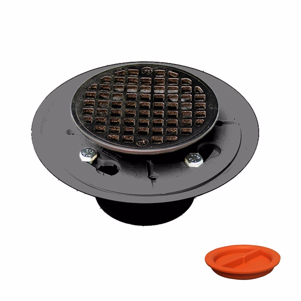 Jones Stephens D5001RBTP 2" x 3" PVC Shower Drain with 2" PVC Spud and 4" Round Oil Rubbed Bronze Strainer with Test Plug