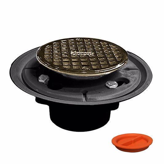 Jones Stephens D50102TP 2" x 3" PVC Shower Drain with 2" Brass Spud and 4" Round Polished Brass Strainer with Test Plug