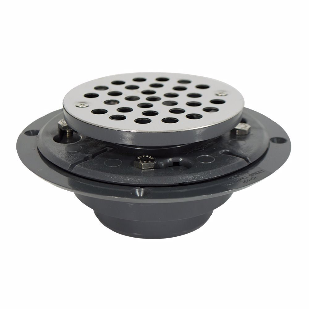 Jones Stephens D50125 2" x 3" PVC Perfect Low Profile Drain with 2” PVC Spud and Round Stainless Steel Strainer, Primer Tapped
