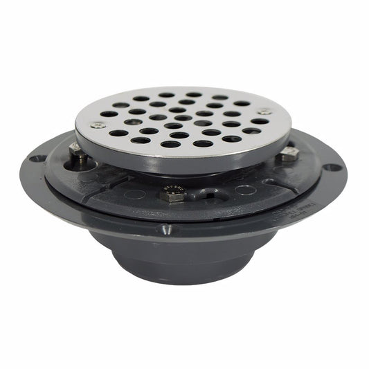 Jones Stephens D50125 2" x 3" PVC Perfect Low Profile Drain with 2” PVC Spud and Round Stainless Steel Strainer, Primer Tapped