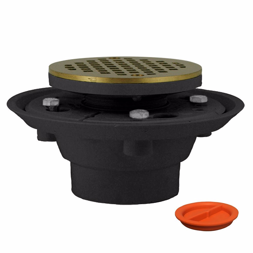 Jones Stephens D50130TP 2" x 3" PVC Shower Drain with 2" PVC Spud and 4" Round Nickel Bronze Cast Strainer with Test Plug