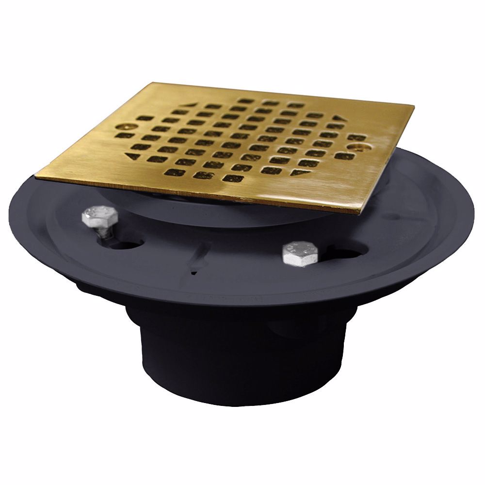 Jones Stephens D50135 2" x 3" PVC Shower Drain with 2" PVC Spud and 4" Square Polished Brass Cast Strainer