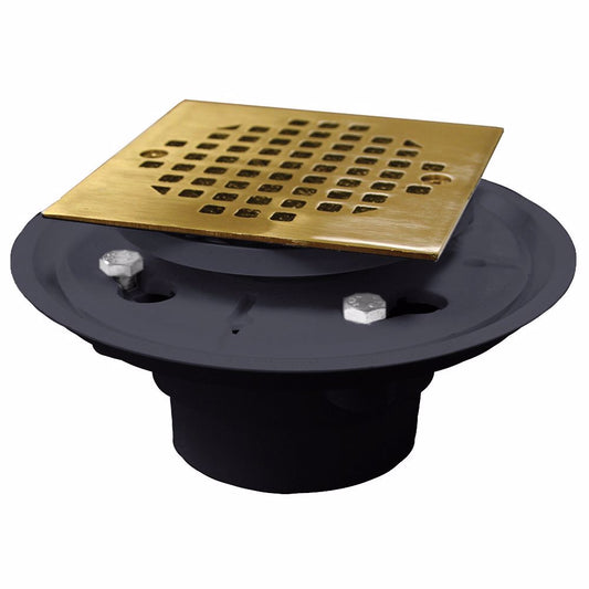 Jones Stephens D50135 2" x 3" PVC Shower Drain with 2" PVC Spud and 4" Square Polished Brass Cast Strainer