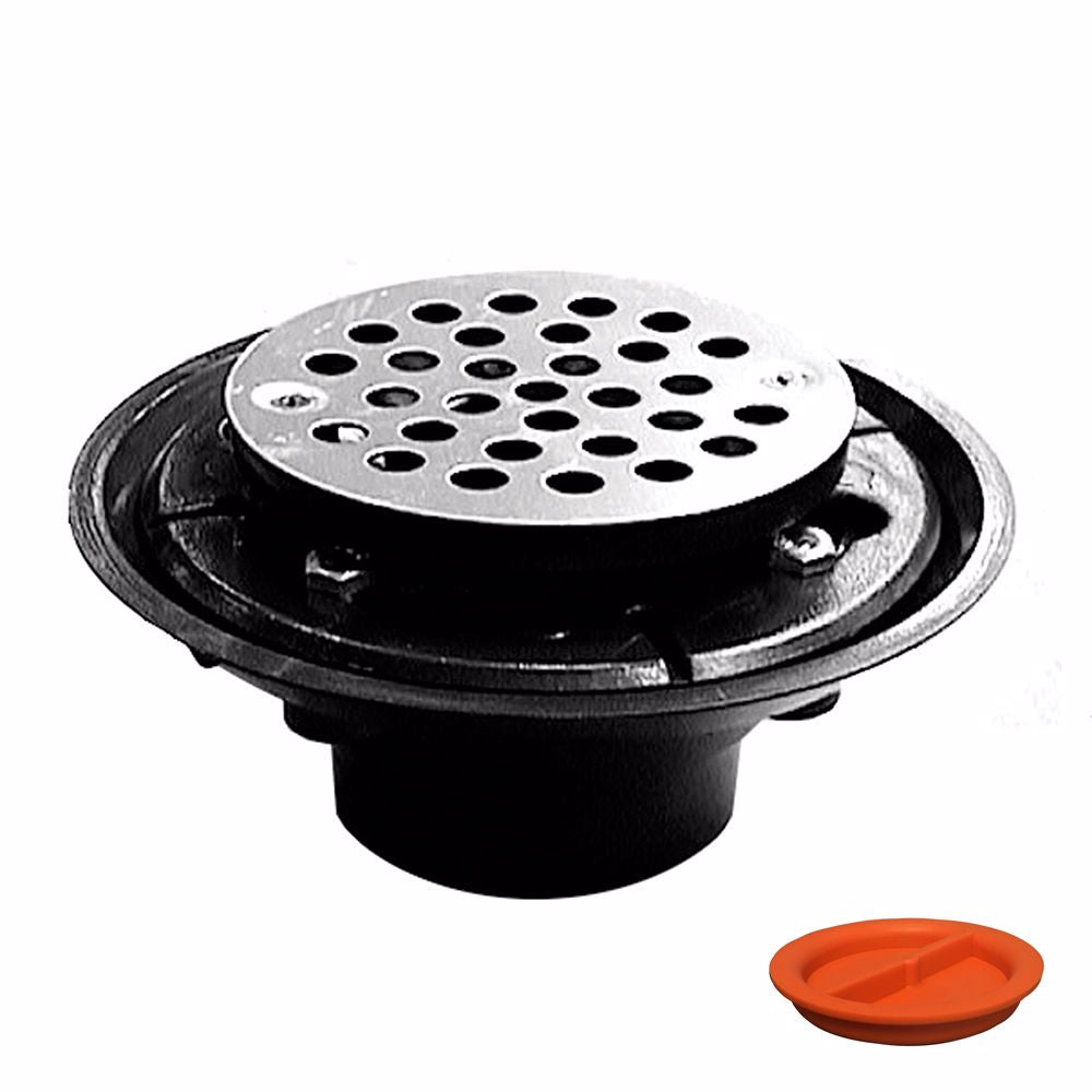 Jones Stephens D50311TP 2" x 3" ABS Shower Drain with 2" ABS Spud and 4" Round Chrome Plated Cast Strainer with Test Plug